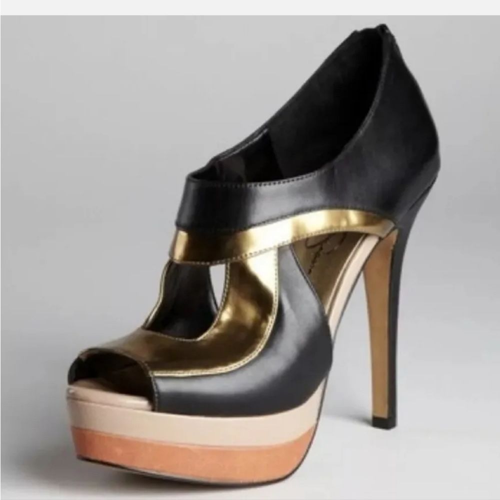 Jessica Simpson Evannan Black & Gold Peep Toe Heels - Picture 2 of 16